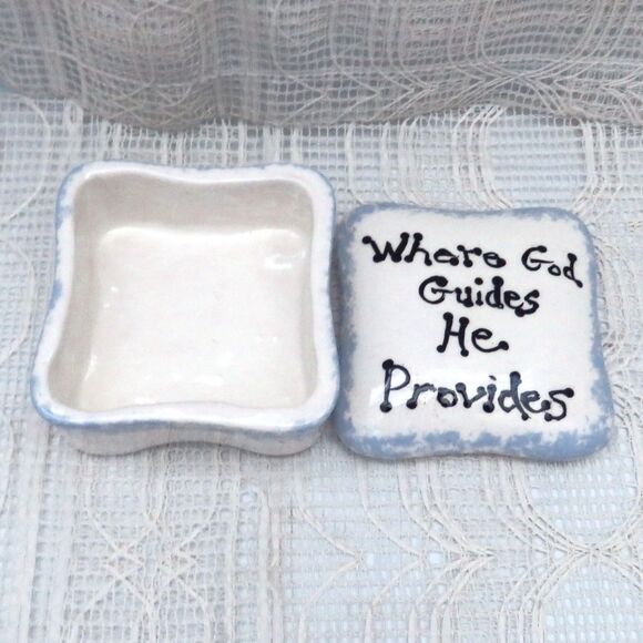 Handmade Ceramic Square Trinket Dish White and Blue Lidded With Message - Picture 2 of 9